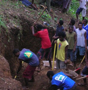 Students digging foundations for water tanks